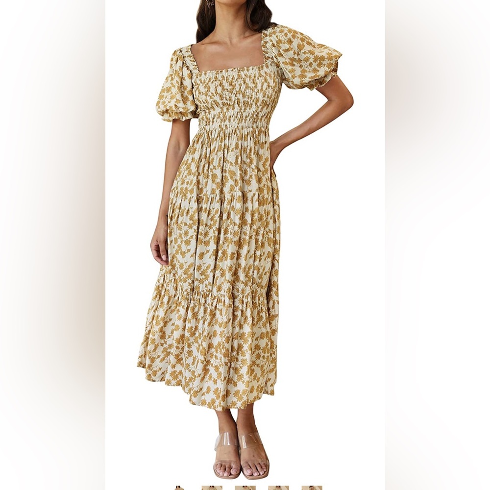 NWT Boho Floral Print Square Neck Ruffle Swing Beach Long Maxi Dress